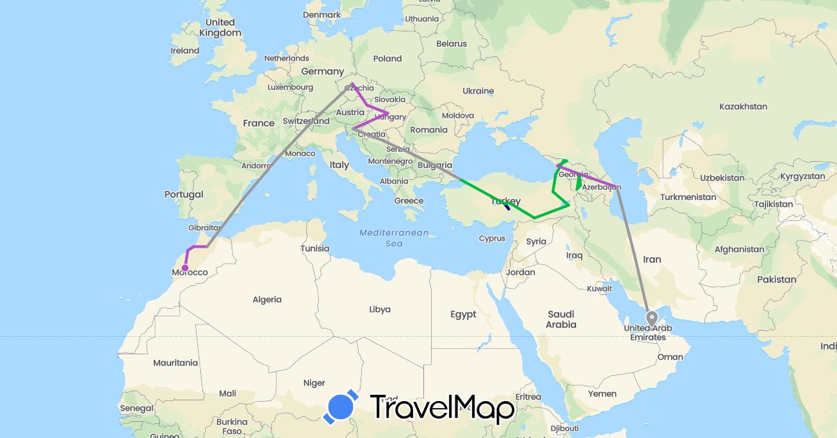 TravelMap itinerary: driving, bus, plane, train in United Arab Emirates, Armenia, Austria, Azerbaijan, Czech Republic, Georgia, Hungary, Morocco, Slovenia, Turkey (Africa, Asia, Europe)